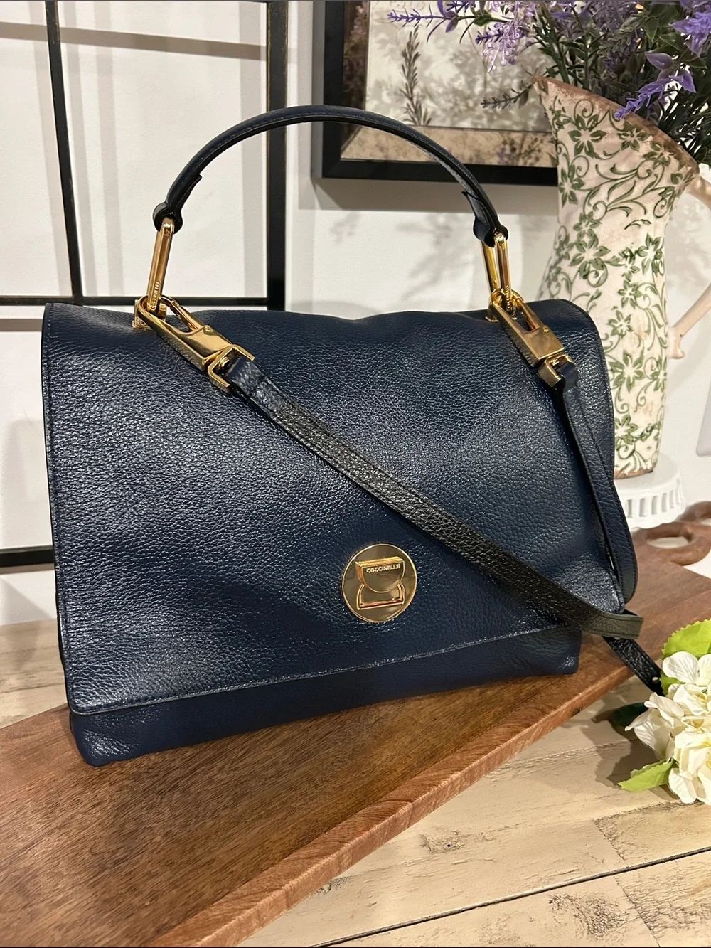 Coccinelle Structured Navy Leather Satchel with Gold Accent - Designer Inspired